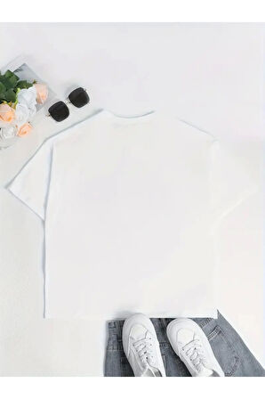 Baskılı Oversize Bisiklet Yaka T-shirt - Beyaz