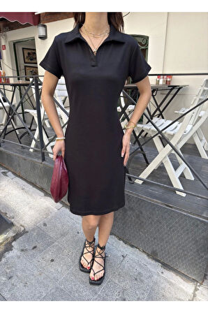 Osy Modal Yumuşak Dokulu Kumaş Yakalı Kısa Kollu Elbise - Siyah