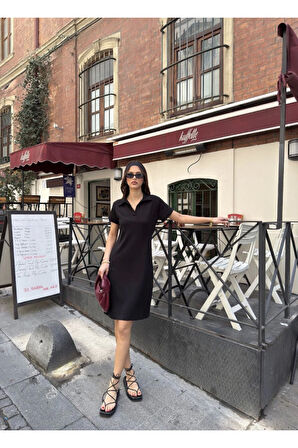 Osy Modal Yumuşak Dokulu Kumaş Yakalı Kısa Kollu Elbise - Siyah