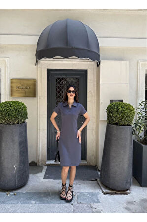 Osy Modal Yumuşak Dokulu Kumaş Yakalı Kısa Kollu Elbise - Füme