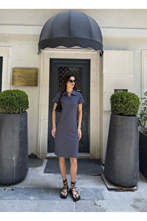 Osy Modal Yumuşak Dokulu Kumaş Yakalı Kısa Kollu Elbise - Füme