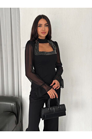 Kolları Şifon Göğüste İnci Boncuk Detaylı Bluz - Siyah