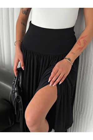 Sandy Uzun Yüksel Bel Etek - Siyah