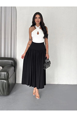 Sandy Uzun Yüksel Bel Etek - Siyah