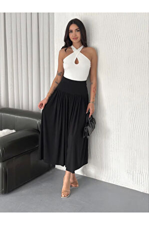 Sandy Uzun Yüksel Bel Etek - Siyah