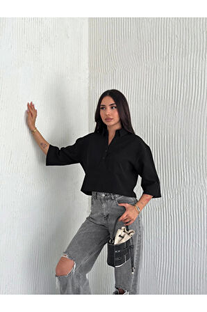 Crop Yakalı Gömlek Üç Çeyrek Sleeve Kol - Siyah