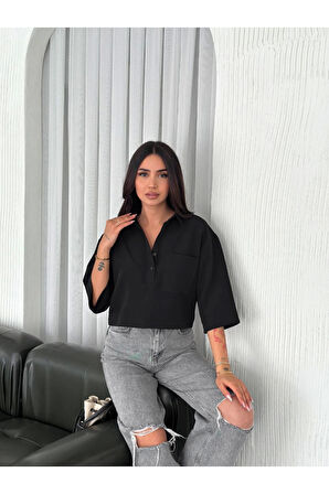 Crop Yakalı Gömlek Üç Çeyrek Sleeve Kol - Siyah