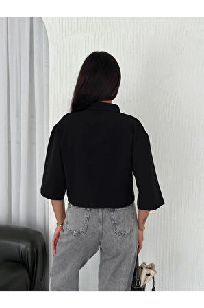 Crop Yakalı Gömlek Üç Çeyrek Sleeve Kol - Siyah
