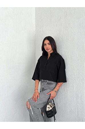 Crop Yakalı Gömlek Üç Çeyrek Sleeve Kol - Siyah