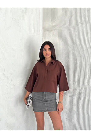 Crop Yakalı Gömlek Üç Çeyrek Sleeve Kol - Kahverengi