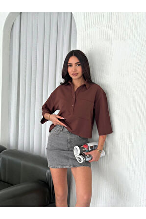 Crop Yakalı Gömlek Üç Çeyrek Sleeve Kol - Kahverengi