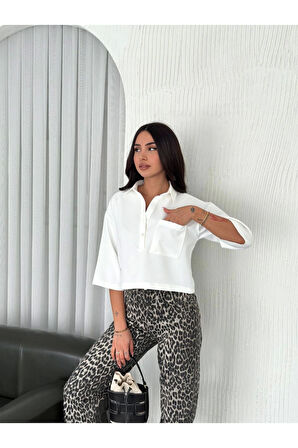 Crop Yakalı Gömlek Üç Çeyrek Sleeve Kol - Beyaz