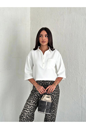 Crop Yakalı Gömlek Üç Çeyrek Sleeve Kol - Beyaz