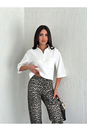 Crop Yakalı Gömlek Üç Çeyrek Sleeve Kol - Beyaz