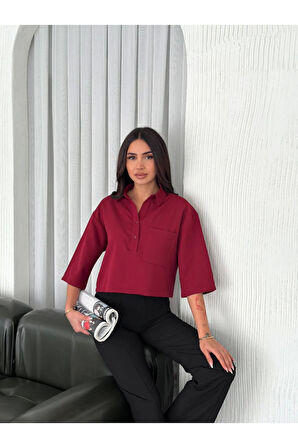 Crop Yakalı Gömlek Üç Çeyrek Sleeve Kol - Bordo