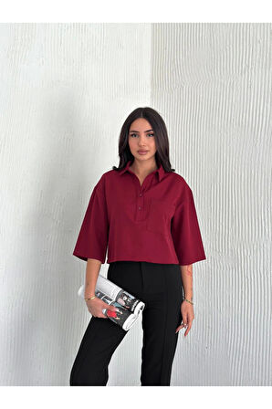 Crop Yakalı Gömlek Üç Çeyrek Sleeve Kol - Bordo
