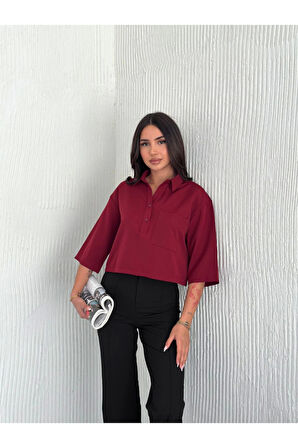 Crop Yakalı Gömlek Üç Çeyrek Sleeve Kol - Bordo