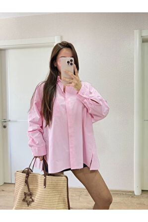 Yakalı Yandan Yırtmaçlı Gömlek - Pembe