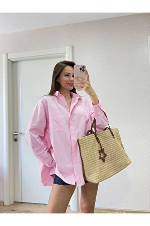 Yakalı Yandan Yırtmaçlı Gömlek - Pembe