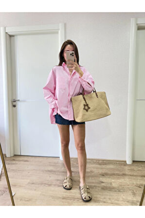 Yakalı Yandan Yırtmaçlı Gömlek - Pembe