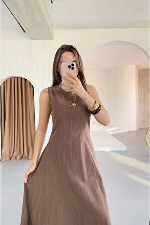 Keten Uzun Kolsuz Elbise- Kahverengi