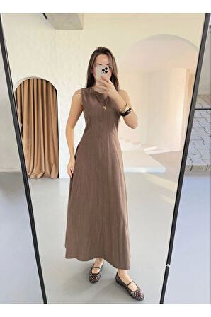 Keten Uzun Kolsuz Elbise- Kahverengi