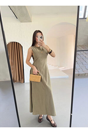 Keten Uzun Kolsuz Elbise- Haki