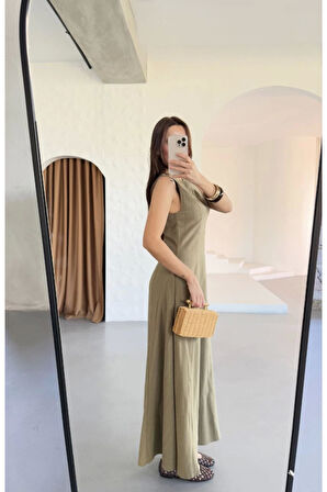 Keten Uzun Kolsuz Elbise- Haki
