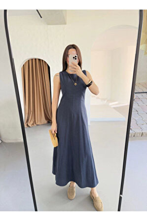 Keten Uzun Kolsuz Elbise- Mavi