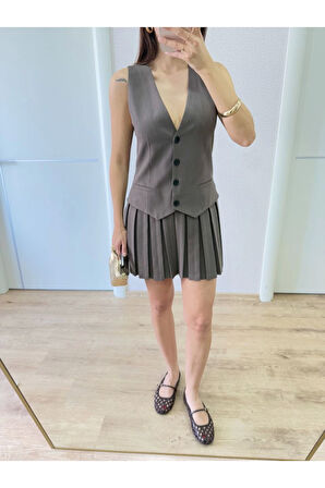 Takım Görünümlu Yelekli Mini Elbise- Füme