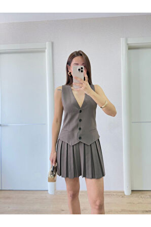 Takım Görünümlu Yelekli Mini Elbise- Füme