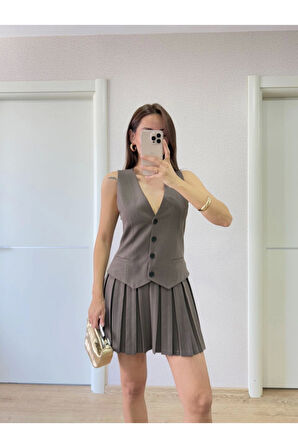 Takım Görünümlu Yelekli Mini Elbise- Füme