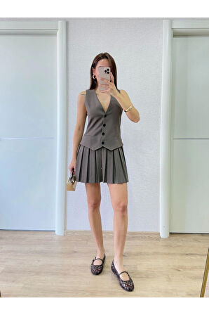 Takım Görünümlu Yelekli Mini Elbise- Füme