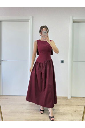 Arkası Kanatlı Uzun Elbise- Bordo