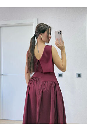 Arkası Kanatlı Uzun Elbise- Bordo