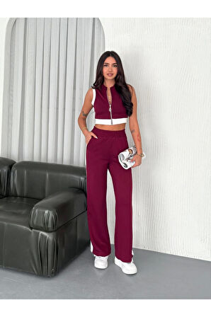 Osy Modal Yumuşak Dokulu Kumaş Tam Fermuarlı Crop Pantalon İkili Takım - Bordo