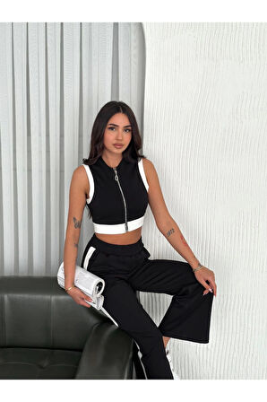 Osy Modal Yumuşak Dokulu Kumaş Tam Fermuarlı Crop Pantalon İkili Takım - Siyah