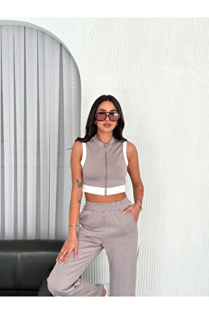Osy Modal Yumuşak Dokulu Kumaş Tam Fermuarlı Crop Pantalon İkili Takım - Gri