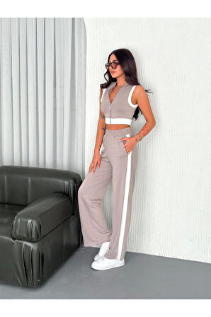 Osy Modal Yumuşak Dokulu Kumaş Tam Fermuarlı Crop Pantalon İkili Takım - Gri