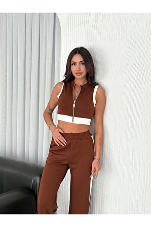 Osy Modal Yumuşak Dokulu Kumaş Tam Fermuarlı Crop Pantalon İkili Takım - Kahverengi