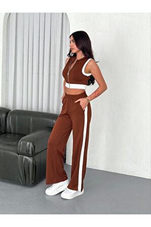 Osy Modal Yumuşak Dokulu Kumaş Tam Fermuarlı Crop Pantalon İkili Takım - Kahverengi