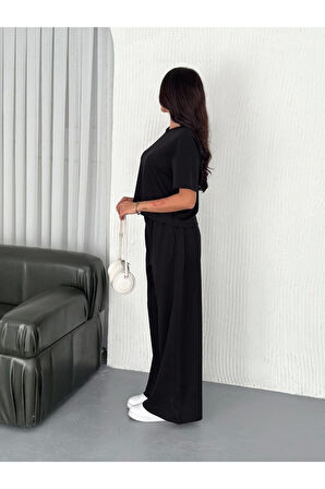 Osy Modal Yumuşak Dokulu Kumaş Bisiklet Yaka T-shirt Bol Paça Pantalon Ikili Takım -Siyah