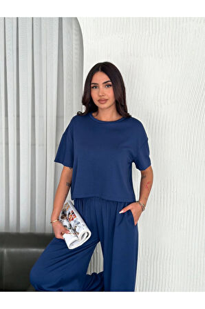 Osy Modal Yumuşak Dokulu Kumaş Bisiklet Yaka T-shirt Bol Paça Pantalon Ikili Takım -Saks Mavi