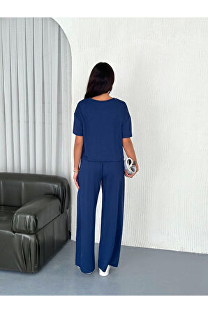 Osy Modal Yumuşak Dokulu Kumaş Bisiklet Yaka T-shirt Bol Paça Pantalon Ikili Takım -Saks Mavi