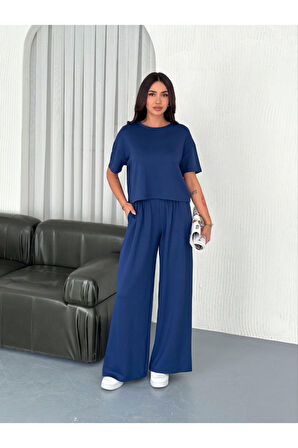 Osy Modal Yumuşak Dokulu Kumaş Bisiklet Yaka T-shirt Bol Paça Pantalon Ikili Takım -Saks Mavi