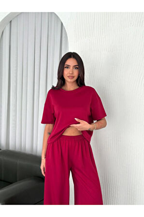 Osy Modal Yumuşak Dokulu Kumaş Bisiklet Yaka T-shirt Bol Paça Pantalon Ikili Takım -Bordo