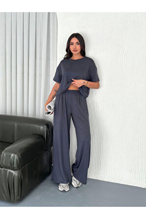Osy Modal Yumuşak Dokulu Kumaş Bisiklet Yaka T-shirt Bol Paça Pantalon Ikili Takım -Antrasit
