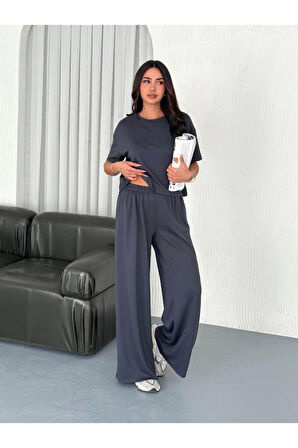 Osy Modal Yumuşak Dokulu Kumaş Bisiklet Yaka T-shirt Bol Paça Pantalon Ikili Takım -Antrasit