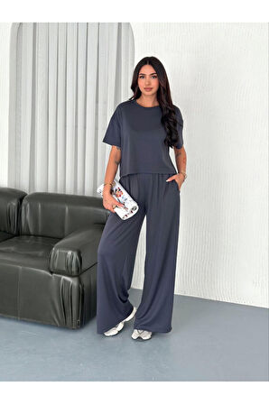 Osy Modal Yumuşak Dokulu Kumaş Bisiklet Yaka T-shirt Bol Paça Pantalon Ikili Takım -Antrasit