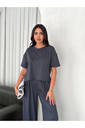Osy Modal Yumuşak Dokulu Kumaş Bisiklet Yaka T-shirt Bol Paça Pantalon Ikili Takım -Antrasit